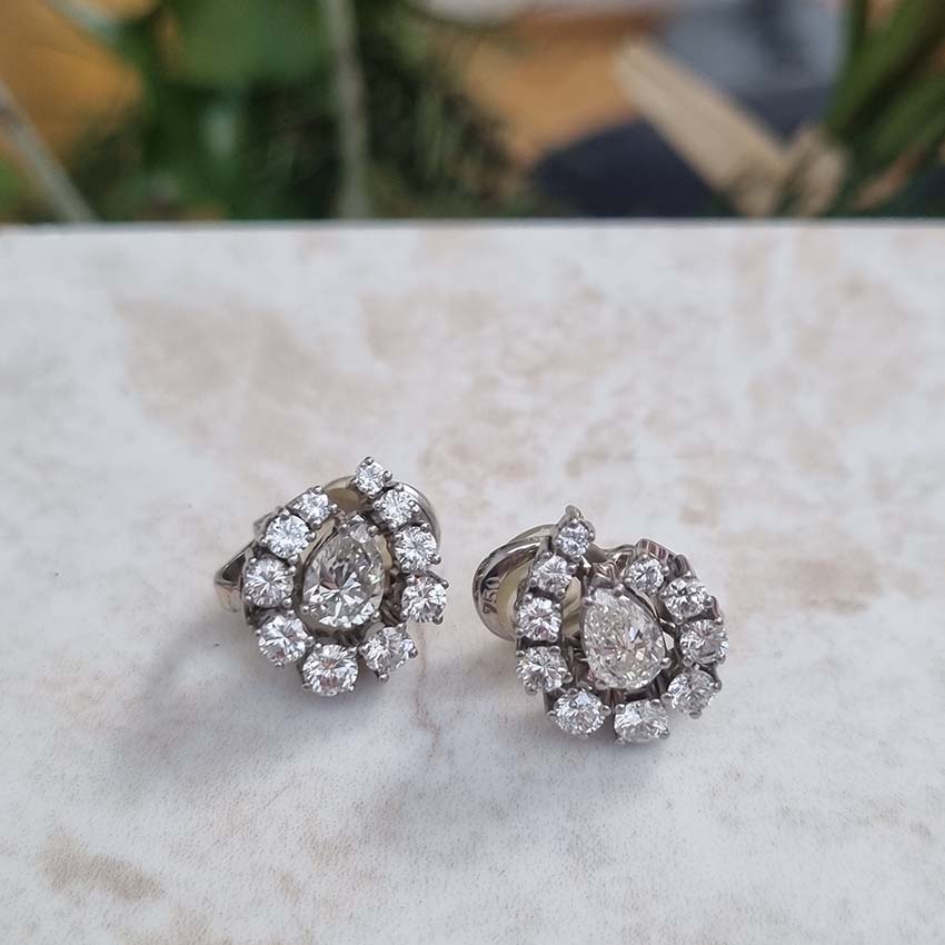 Vintage Pear Cut Diamond Cluster Clip On Earrings, 3.5 carat total