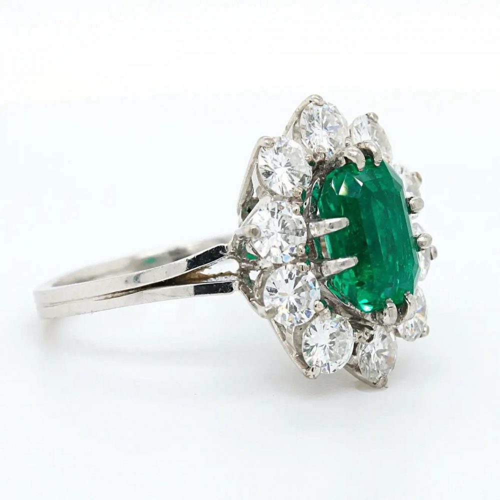 Vintage French 1.88ct Colombian Emerald and Diamond Cluster Ring with Minor Oil