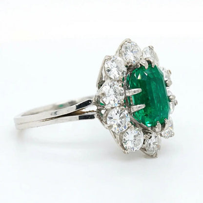 Vintage French 1.88ct Colombian Emerald and Diamond Cluster Ring with Minor Oil