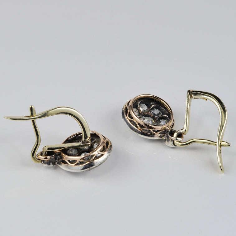 Victorian Antique 1.80ct Old Mine Cut Diamond Circular Cluster Drop Earrings