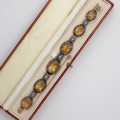 Edwardian Antique 25.45ct Natural Citrine Oval Panel Link Bracelet with Diamonds