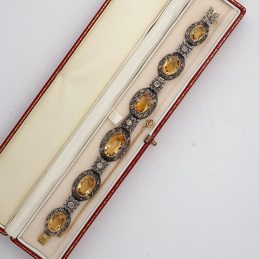 Edwardian Antique 25.45ct Natural Citrine Oval Panel Link Bracelet with Diamonds