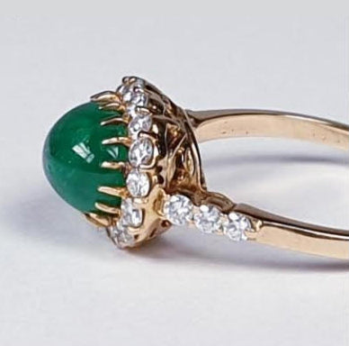 Vintage French 2ct Cabochon Emerald and Diamond Cluster Ring in 18ct Yellow Gold, Circa 1960s