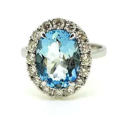 3.39ct Oval Aquamarine and Diamond Halo Cluster Engagement Ring in 18ct white gold