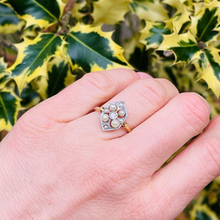 Edwardian Antique Old Cut Diamond and Pearl Cluster Plaque Ring