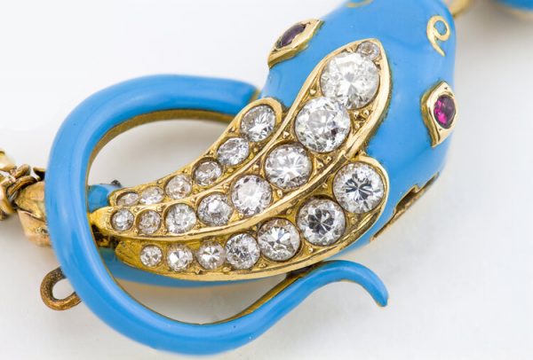 Antique Victorian Blue Enamel and Old Cut Diamond Snake Necklace; with blue enamel and diamond heart mourning pendant locket, 1.86 carat total, 18ct yellow gold, Circa 1860s.