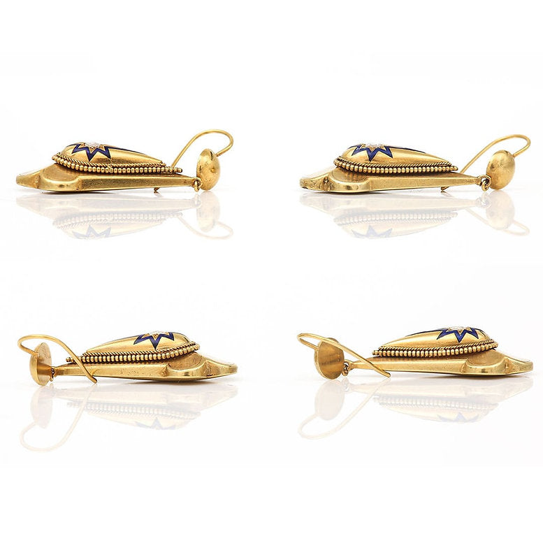 Victorian Antique Yellow Gold Diamond Blue Enamel Drop Earrings