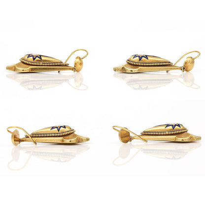Victorian Antique Yellow Gold Diamond Blue Enamel Drop Earrings