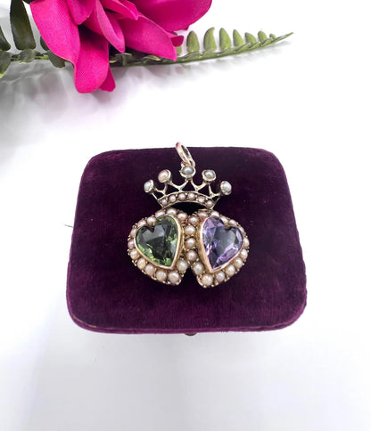 Antique 9 Carat Gold Suffragette Crowned Sweetheart Pendant, Circa 1910