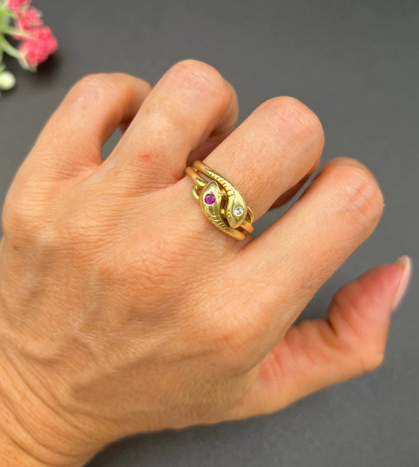 Vintage 14 Carat Yellow Gold Ruby and Diamond Double Headed Snake Ring, Circa 1930