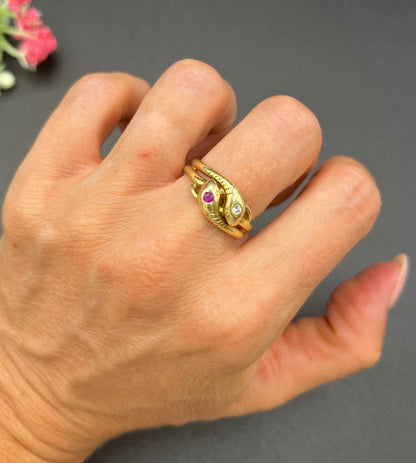 Vintage 14 Carat Yellow Gold Ruby and Diamond Double Headed Snake Ring, Circa 1930
