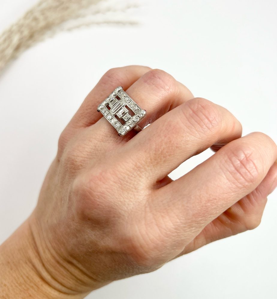 Vintage Diamond And Ruby Buckle Style Cocktail Ring In Platinum