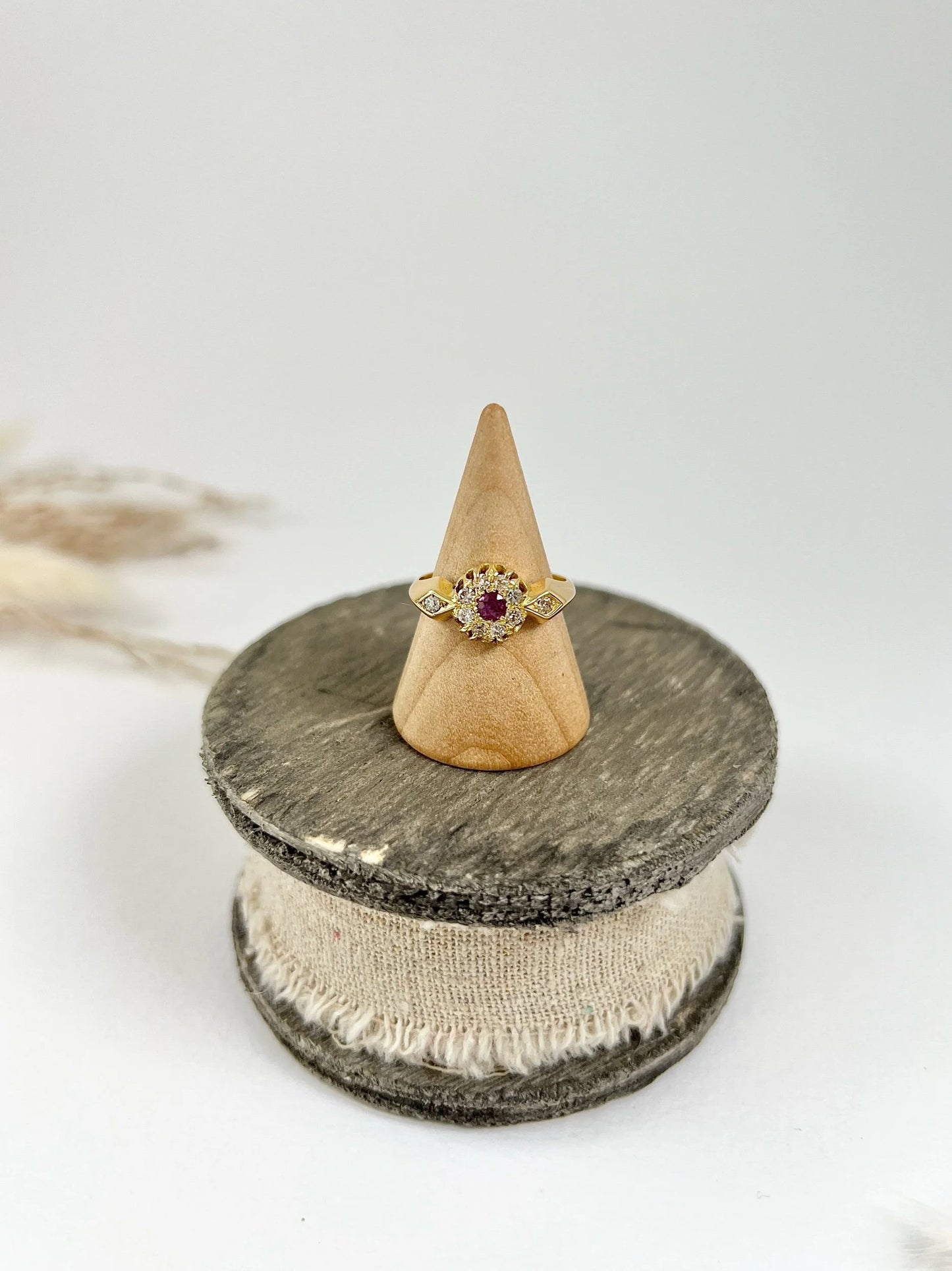 Antique 18 ct Yellow Gold Fancy Ruby And Diamond Daisy Cluster Ring