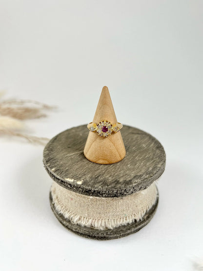 Antique 18 ct Yellow Gold Fancy Ruby And Diamond Daisy Cluster Ring