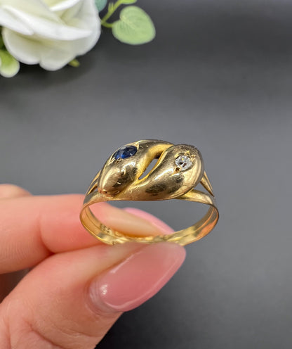 Antique 18ct Yellow Gold, Victorian Sapphire & Diamond Double-Headed Snake Ring
