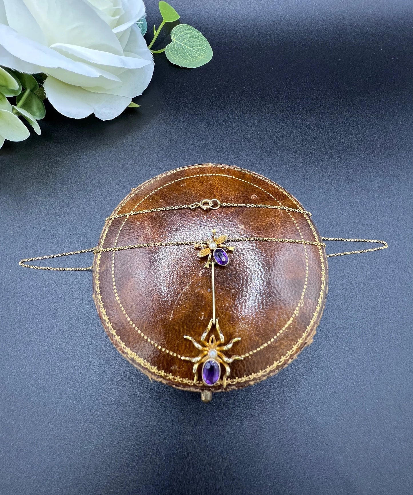 Antique 9 ct Gold, Edwardian Amethyst Spider And Fly Bug Pendant Necklace