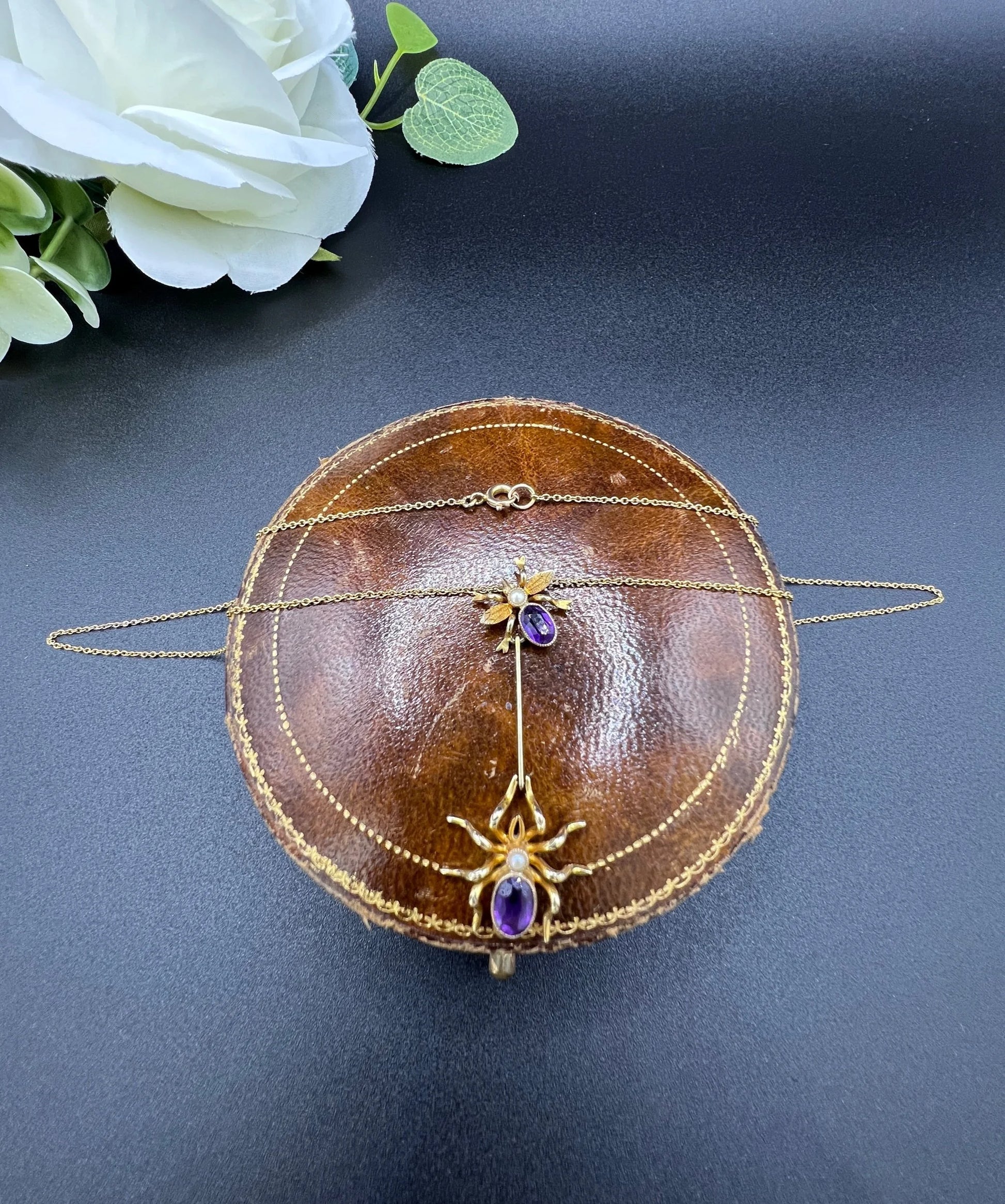 Antique 9 ct Gold, Edwardian Amethyst Spider And Fly Bug Pendant Necklace