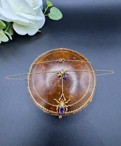 Antique 9 ct Gold, Edwardian Amethyst Spider And Fly Bug Pendant Necklace