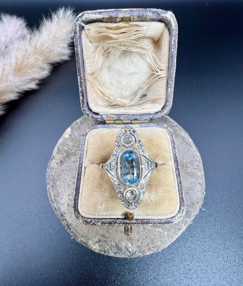 Antique Aquamarine And Diamond Three Stone Ring In 18 Carat Rose Gold And Platinum
