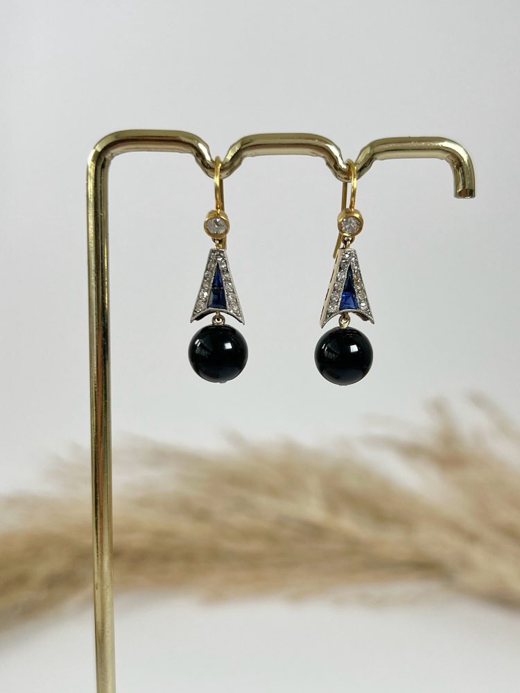 Antique 18ct Gold & Platinum, Edwardian Diamond, Sapphire, Onyx Drop Dangle Earrings