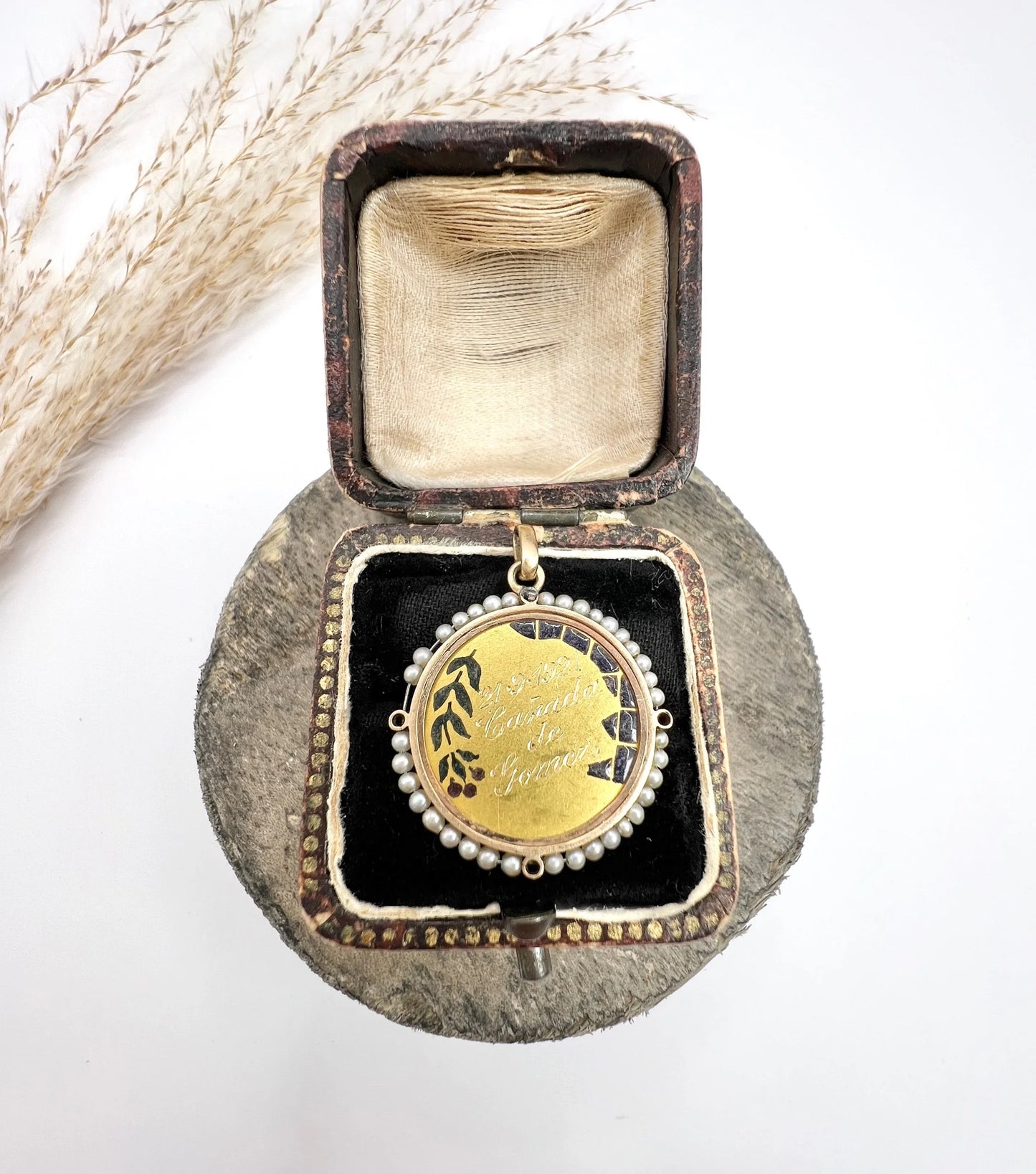 Antique 18 Carat Yellow Gold Plique a Jour and Seed Pearl Lady Portrait Pendant