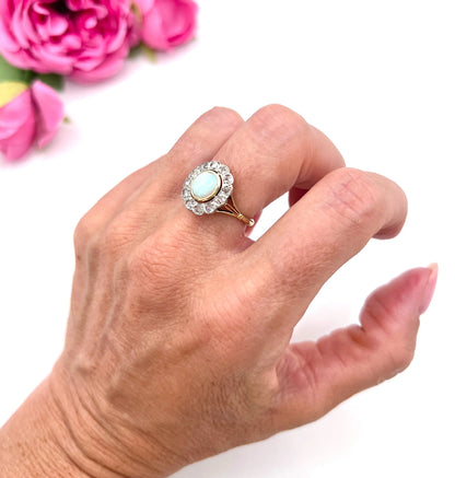 Victorian 18 Carat Yellow Gold Opal and Diamond Oval Cluster Ring, Circa 1890