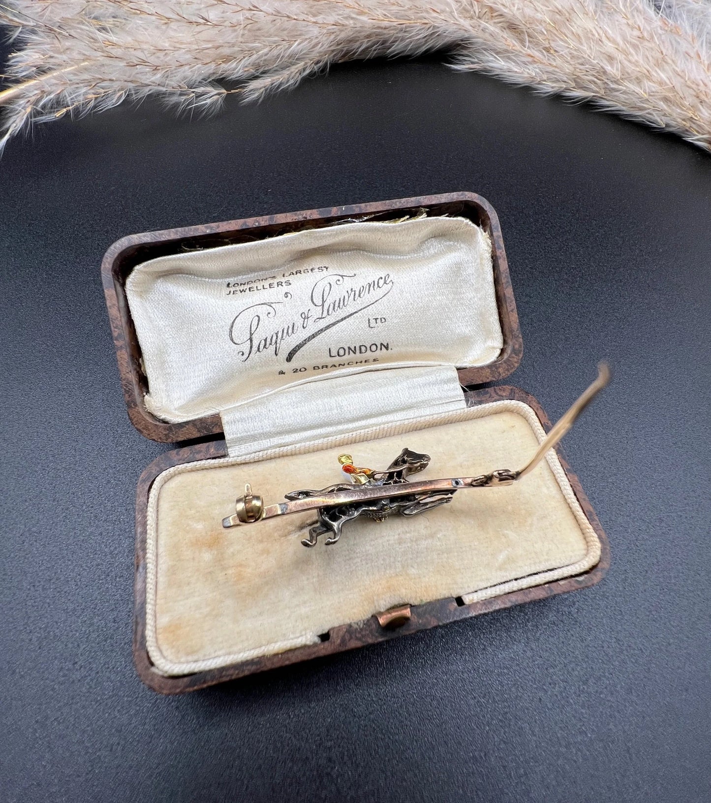 Antique 18 Carat Gold and Silver Diamond Horse and Enamel Jockey Brooch, Circa 1900