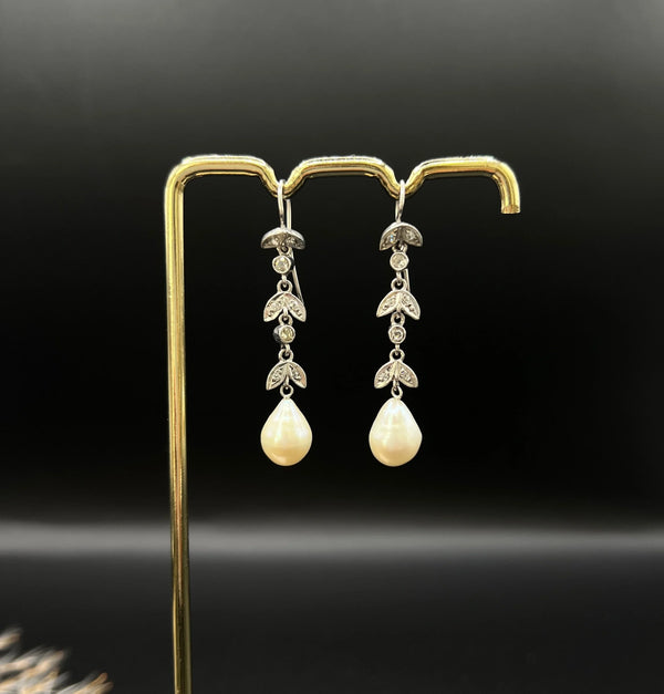 Antique 18 ct White Gold, 1920's Diamond And Pearl Drop Earrings
