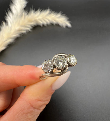 Vintage 18 Carat White Gold Diamond Three Stone Crossover Engagement Ring