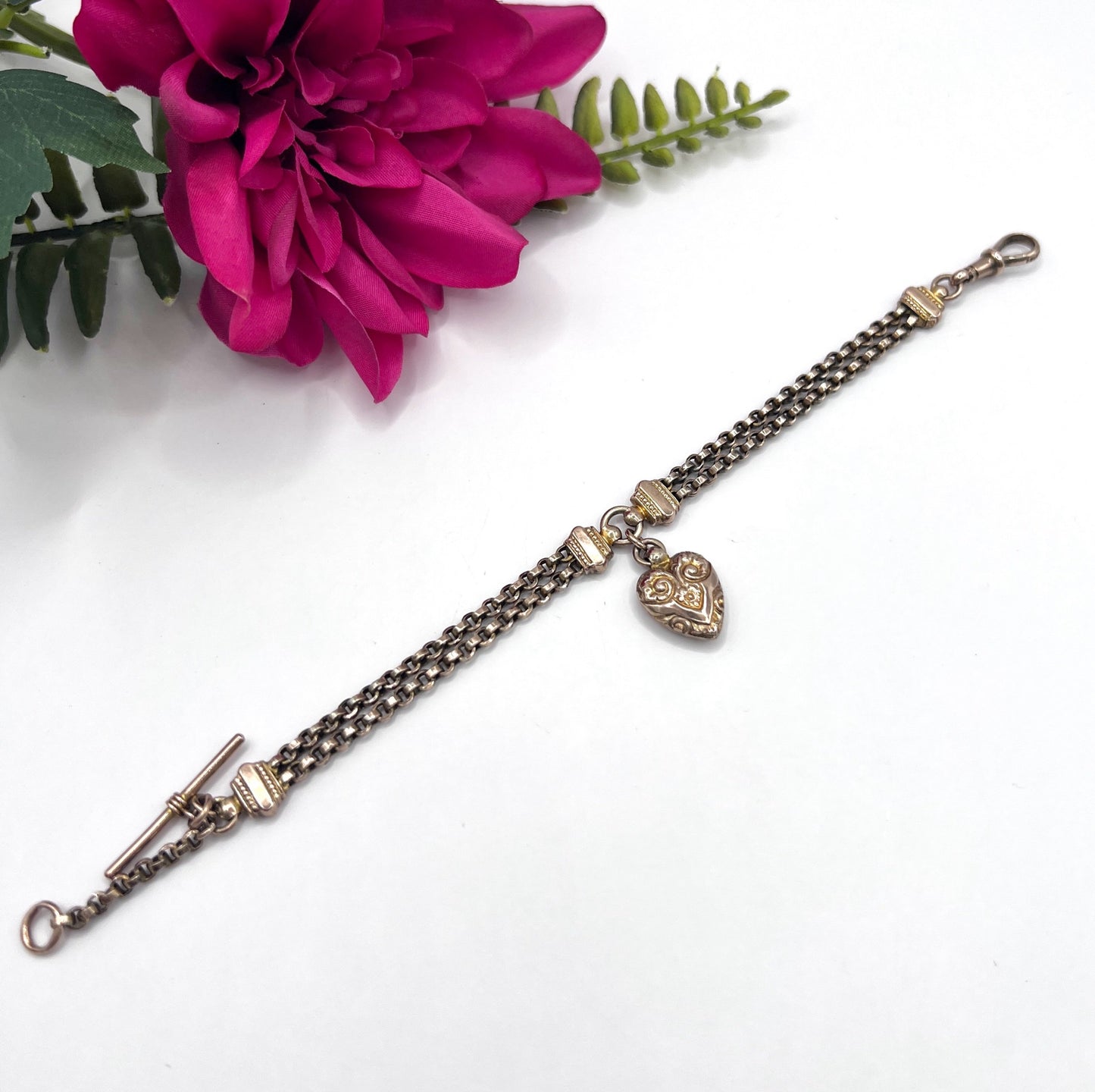 Antique 9 ct Gold, Victorian Belcher Link Heart And T-bar Albertina Bracelet
