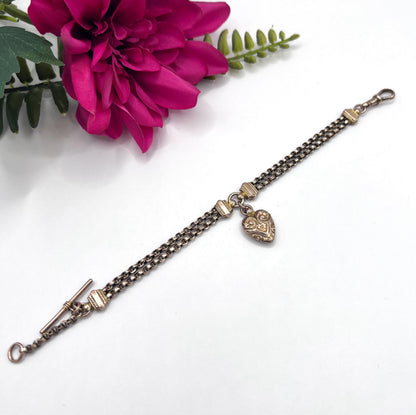 Antique 9 ct Gold, Victorian Belcher Link Heart And T-bar Albertina Bracelet
