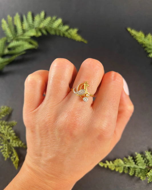 Art Nouveau 18 Carat Gold Old Cut Diamond and Natural Pearl Peacock Bird Ring