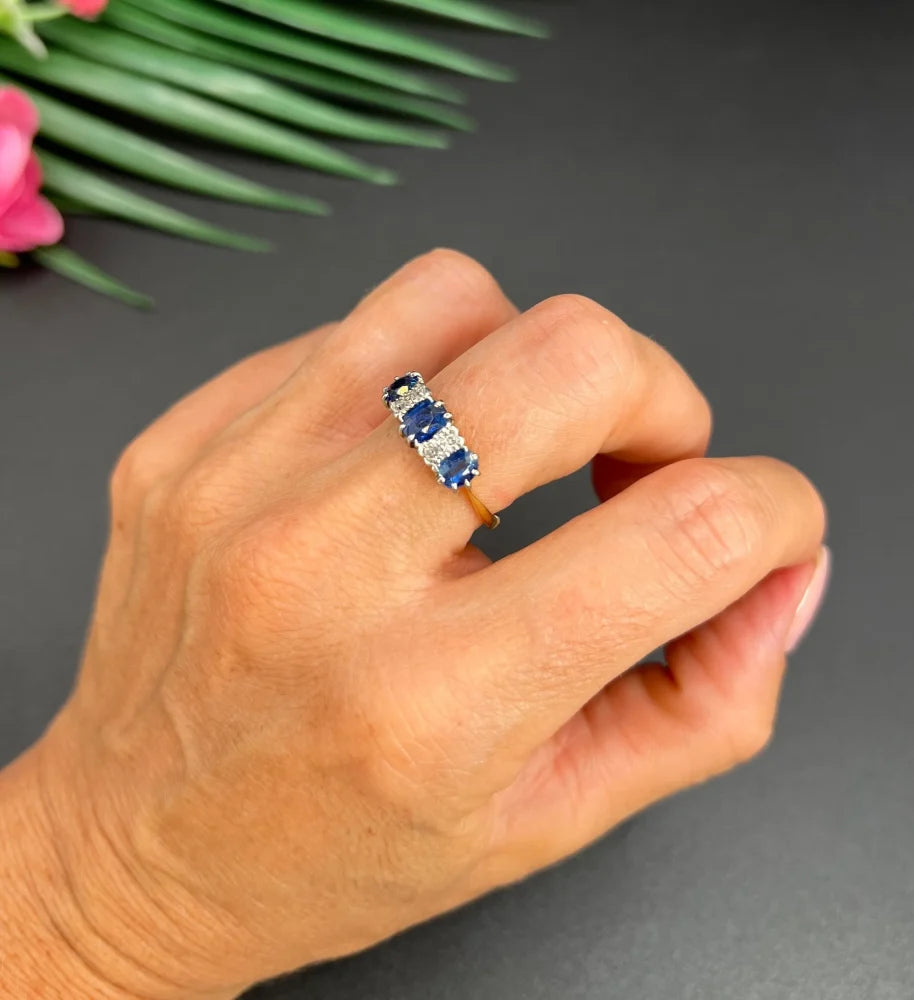 Antique Sapphire And Diamond Seven Stone Ring In Gold And Platinum