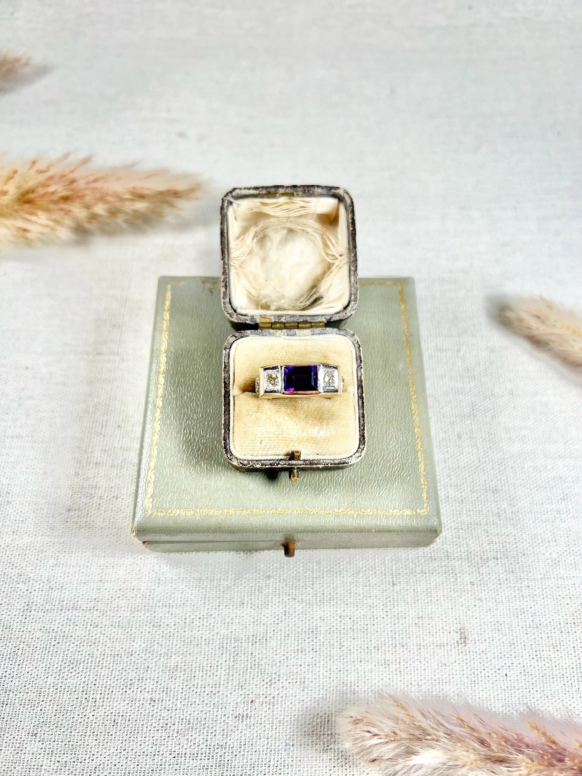 Vintage 18 Carat Gold Amethyst and Brilliant Cut Diamond Fraternity Ring, Circa 1950