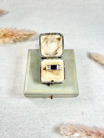 Vintage 18 Carat Gold Amethyst and Brilliant Cut Diamond Fraternity Ring, Circa 1950