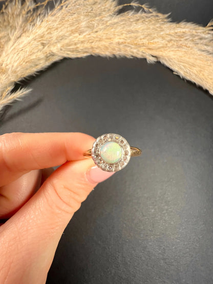 Antique 18 ct Yellow Gold, Early Victorian Opal And Diamond Halo Ring