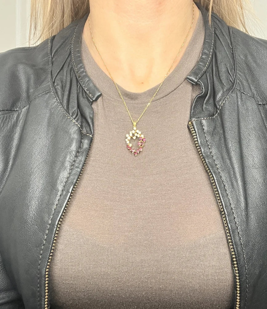 Vintage Ruby And Diamond Heart Pendant And Chain In 18 Carat Yellow Gold