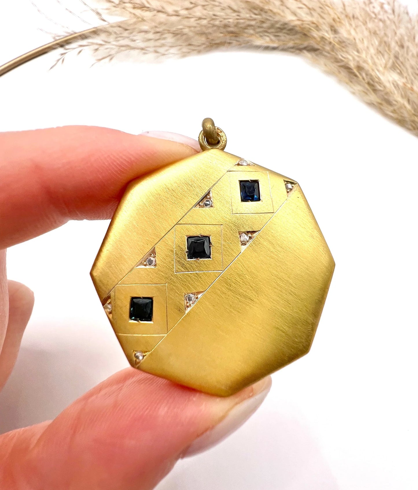 Vintage 15 Carat Yellow Gold Octagonal Shaped Sapphire and Diamond Locket, Circa 1930