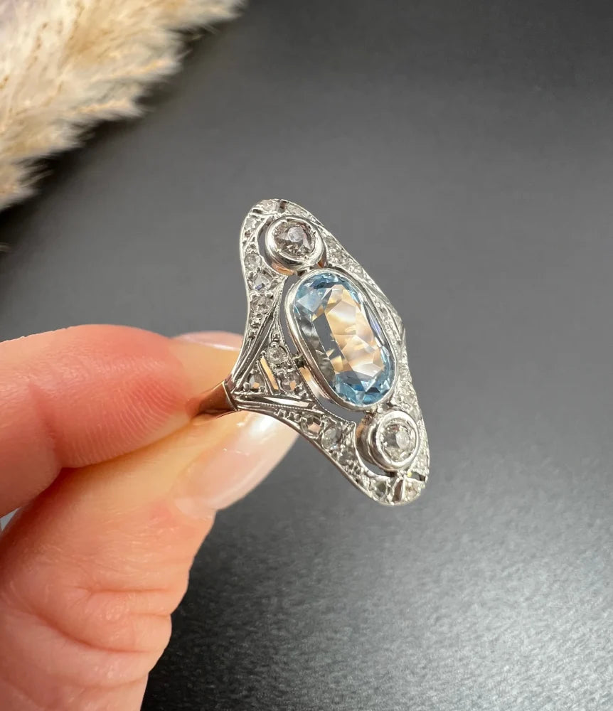 Antique Aquamarine And Diamond Three Stone Ring In 18 Carat Rose Gold And Platinum
