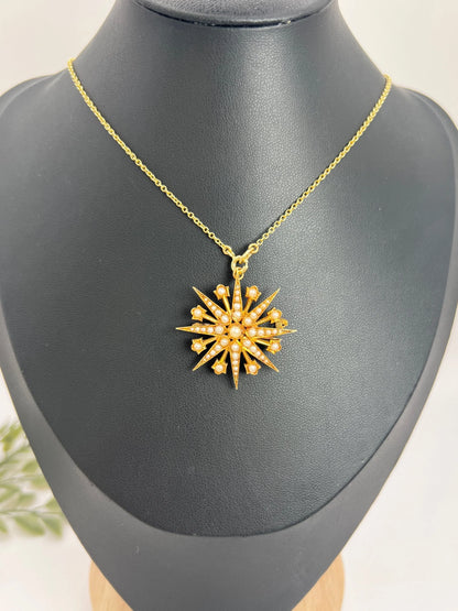Antique 15 ct Yellow Gold, Edwardian Seed Pearl Star Pendant/Brooch