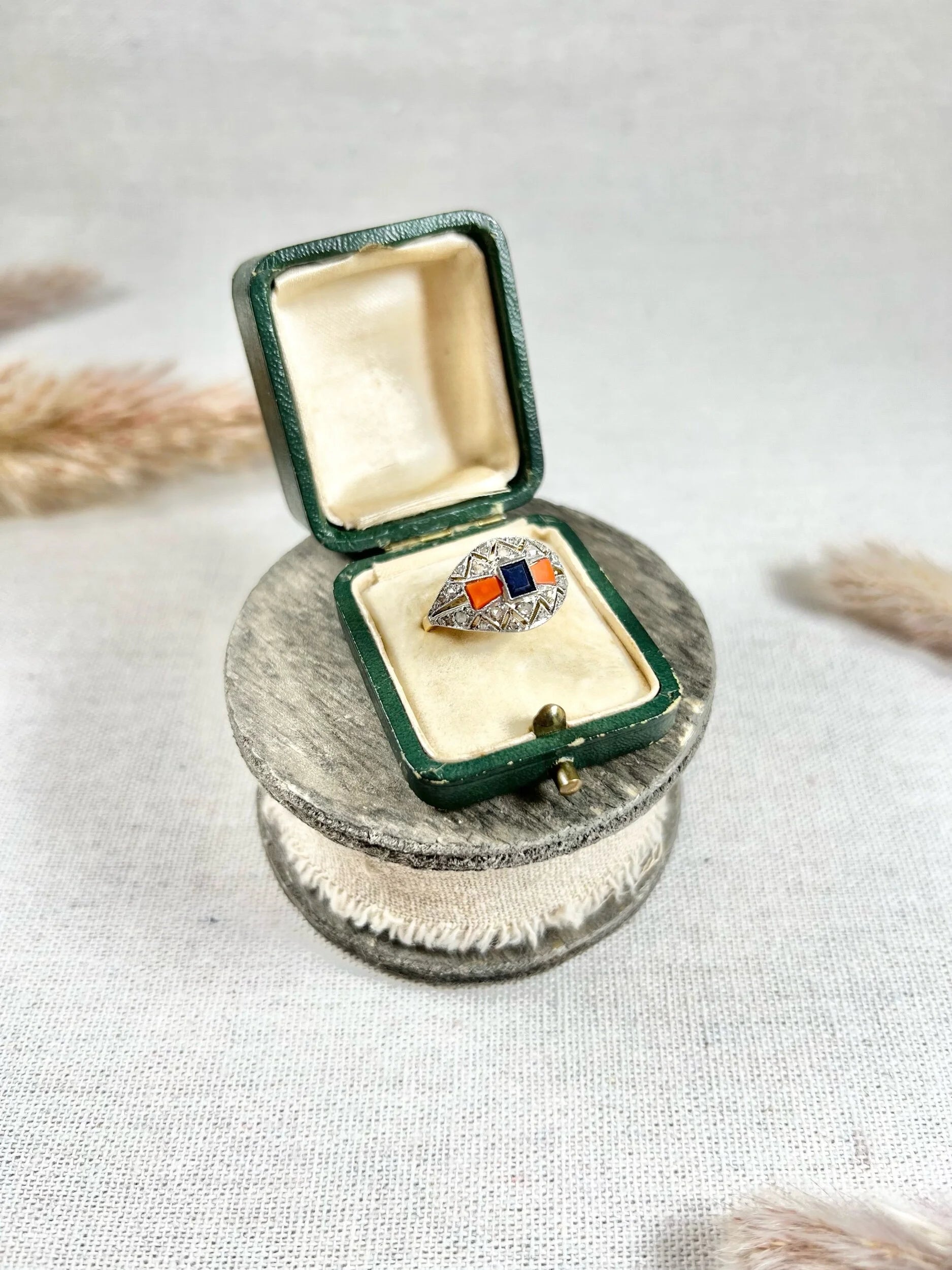 Antique 1920's Art Deco, 18 ct Gold And Platinum Sapphire, Coral And Diamond Dome Ring
