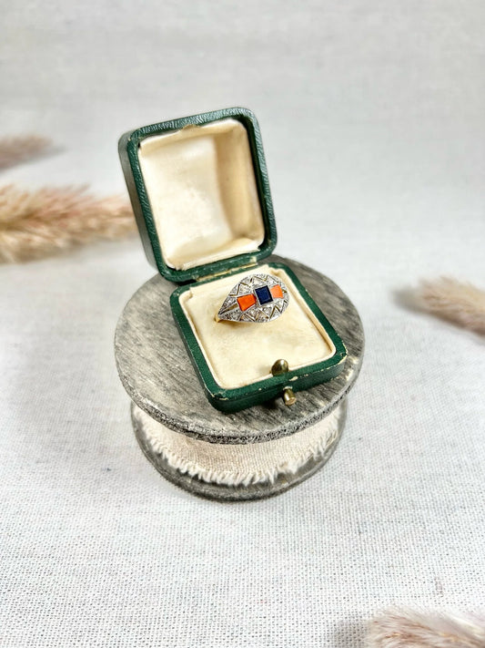 Antique 1920's Art Deco, 18ct Gold & Platinum French Hallmarked, Sapphire, Coral Diamond Dome Ring