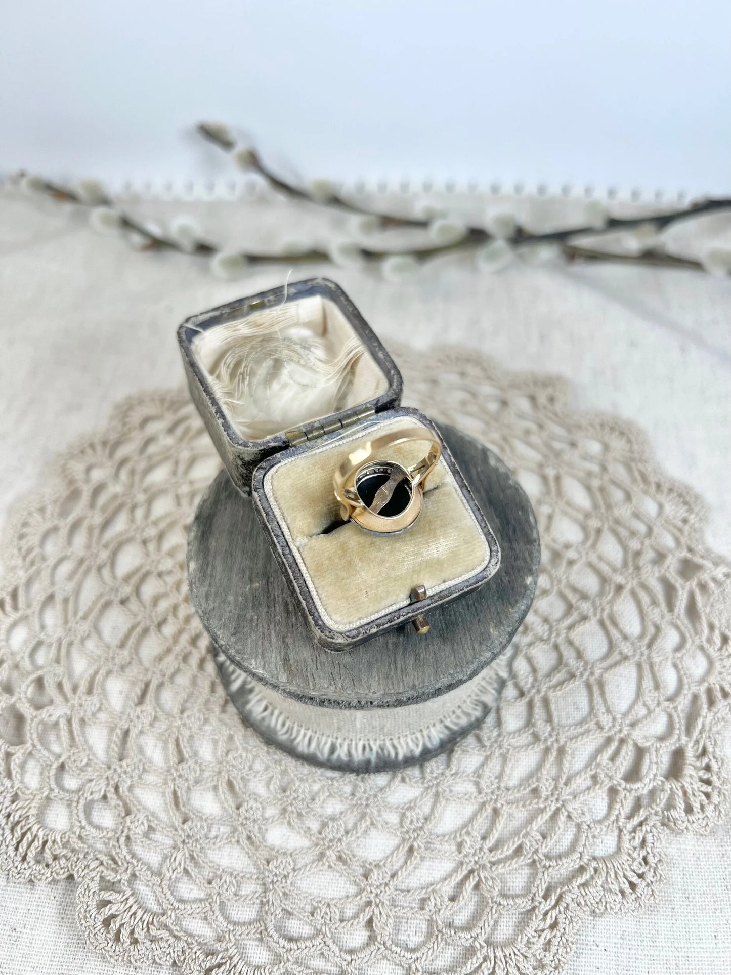 Art Deco Vintage Onyx and Diamond Halo Cluster Target Ring