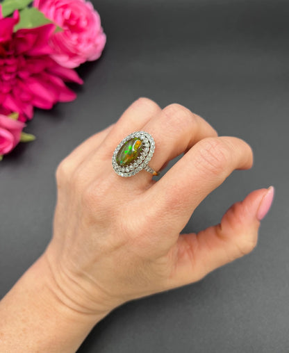 Vintage 18 Carat Gold, Platinum, Black Opal and Diamond Oval Cluster Ring