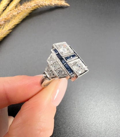 Art Deco Style Sapphire and Diamond Geometric Plaque Ring