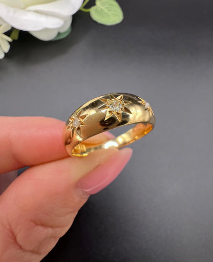 Antique 18 ct Gold, 3 Stone Diamond Gypsy Band Ring