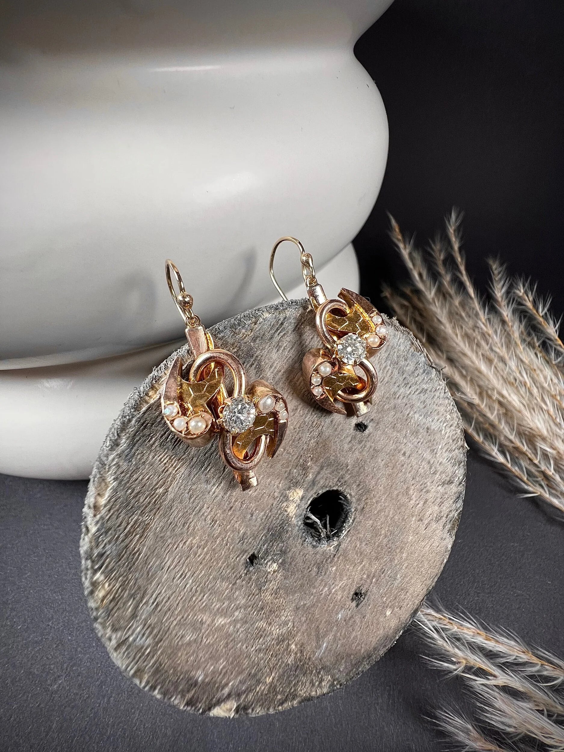 Victorian 12 Carat Gold Diamond and Pearl Drop Earrings, Circa 1880