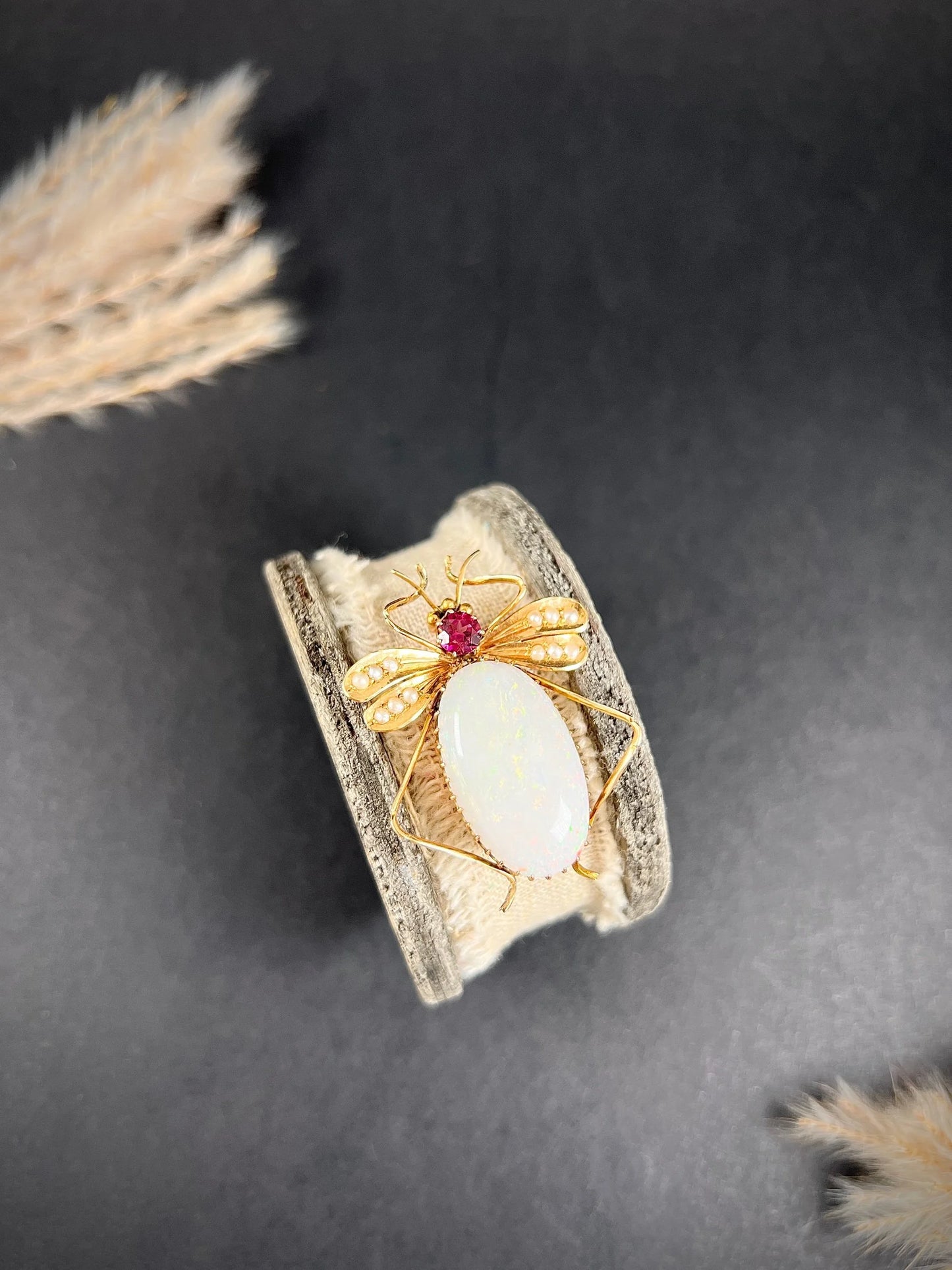 Antique 15 Carat Gold Edwardian Almandine Garnet, Opal And Pearl Insect Brooch
