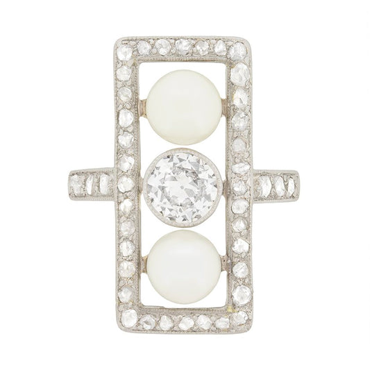 Edwardian Antique Pearl and Old Cut Diamond Three Stone Trilogy Plaque Tablet Ring