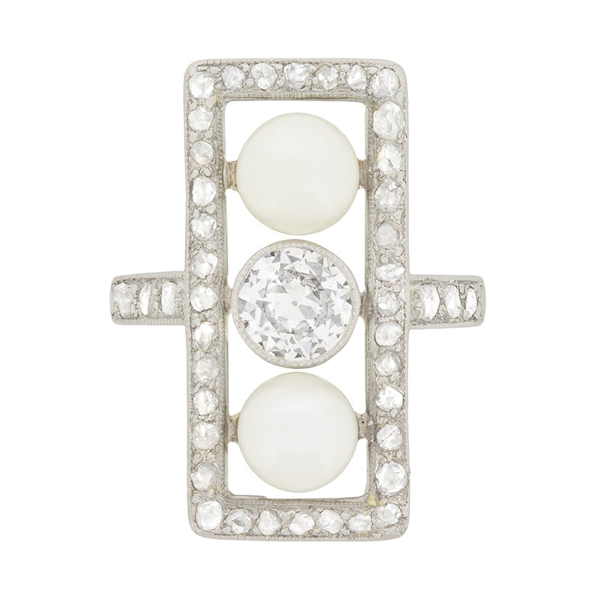 Edwardian Antique Pearl and Old Cut Diamond Trilogy Plaque Tablet Ring